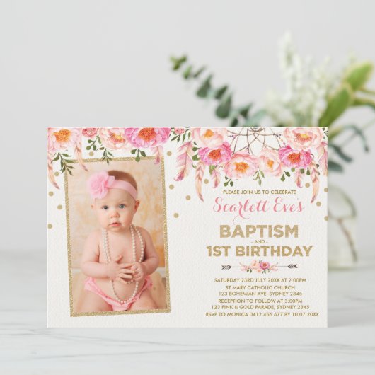 ピンク金ゴールドドリームキャッチャバプテスマ1歳パーティー 招待状 (スタンド正面)