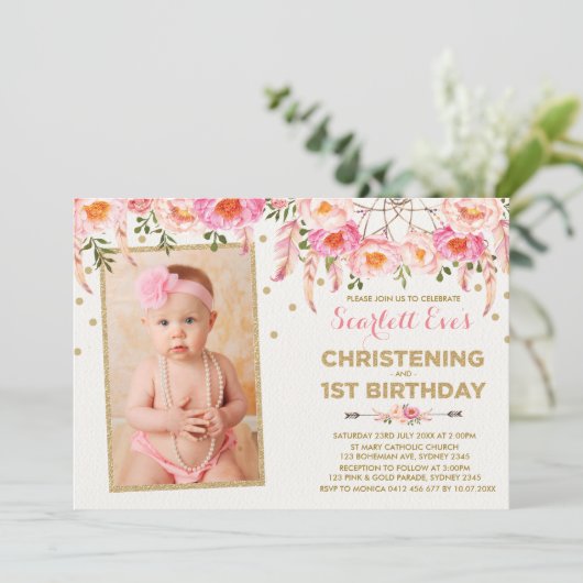 ピンク金ゴールドドリームキャッチャー《キリスト教》洗礼式や命名式1歳 招待状 (スタンド正面)