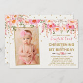 ピンク金ゴールドドリームキャッチャー《キリスト教》洗礼式や命名式1歳 招待状 (正面/裏面)