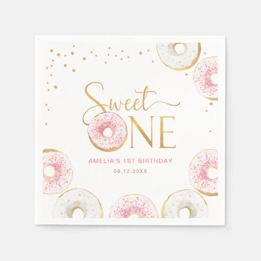 ピンク金ゴールドドーナツSweet One 1st Birthday スタンダードカクテルナプキン (正面)