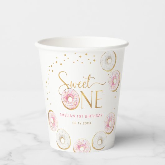ピンク金ゴールドドーナツSweet One 1st Birthday 紙コップ (正面)