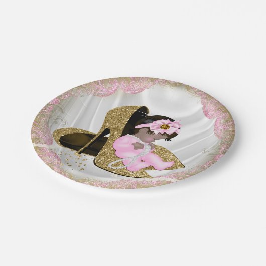ピンク金ゴールドハイヒールエスニックガールベビーシャワー ペーパープレート (アングル)