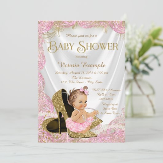 ピンク金ゴールドハイヒールシューズ真珠ベビーシャワー 招待状 (スタンド正面)