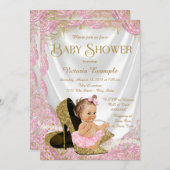 ピンク金ゴールドハイヒールシューズ真珠ベビーシャワー 招待状 (正面/裏面)