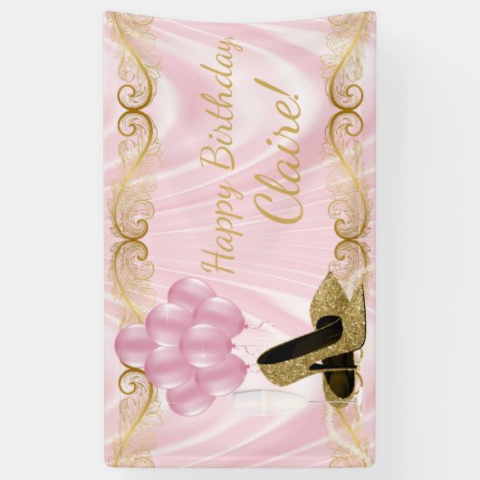 ピンク金ゴールドハイヒールシューズ誕生日バナー 横断幕 (縦)