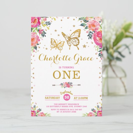 ピンク金ゴールドバタフライウォーター色フローラ誕生日 招待状 (スタンド正面)