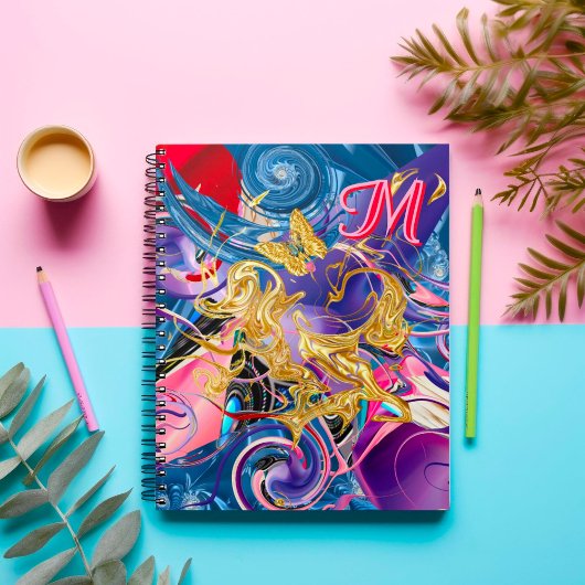 ピンク金ゴールドバタフライスワールモノグラム液体抽象芸術 ノートブック