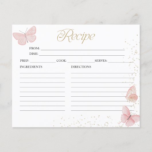 ピンク金ゴールドバタフライブライダルシャワーレシピカード (正面)