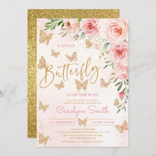 ピンク金ゴールドバタフライベビーシャワー招待状女の子 招待状 (正面/裏面)
