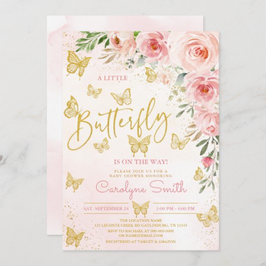 ピンク金ゴールドバタフライベビーシャワー招待状 招待状 (正面/裏面)