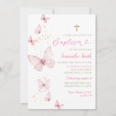 ピンク金ゴールドバタフライミニマリストバプティスガール 招待状 (正面)