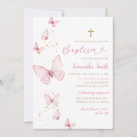 ピンク金ゴールドバタフライミニマリストバプティスガール 招待状 (正面)