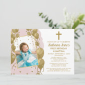 ピンク金ゴールドバプテスマ1歳の誕生日文字写真 招待状 (スタンド正面)