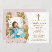 ピンク金ゴールドバプテスマ1歳の誕生日文字写真 招待状 (正面/裏面)