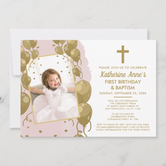 ピンク金ゴールドバプテスマ1st誕生日バーチャル文字写真 招待状 (正面)