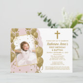 ピンク金ゴールドバプテスマ1st誕生日バーチャル文字写真 招待状 (スタンド正面)