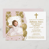 ピンク金ゴールドバプテスマ1st誕生日バーチャル文字写真 招待状 (正面/裏面)