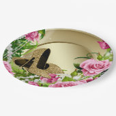 ピンク金ゴールドバラハイヒールシューパール誕生日パーティー ペーパープレート (アングル)