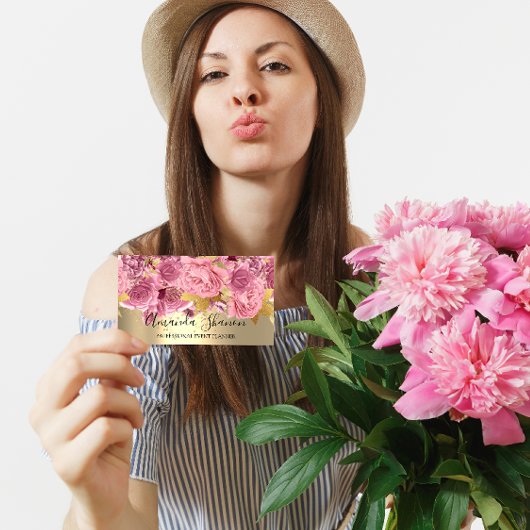 ピンク金ゴールドバラフラワーロゴイベントプランナーQRCode 名刺