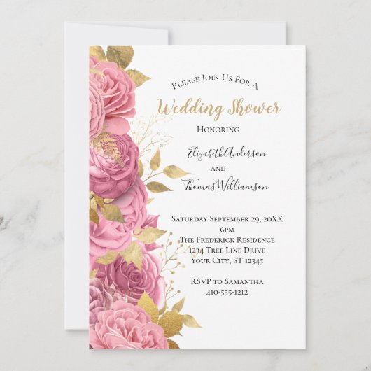 ピンク金ゴールドバラフローラフォーマルウェディングシャワー 招待状 (正面)