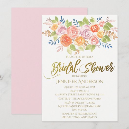 ピンク金ゴールドバラフローラブーケブライダルシャワー 招待状 (正面/裏面)
