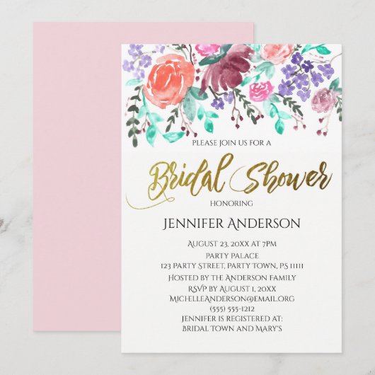 ピンク金ゴールドバラフローラリーフブライダルシャワー 招待状 (正面/裏面)