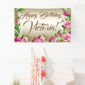 ピンク金ゴールドバラ誕生日パーティバナー 横断幕 (インサイチュ)