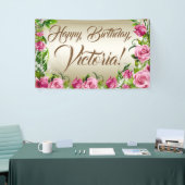 ピンク金ゴールドバラ誕生日パーティバナー 横断幕 (トレードショー)