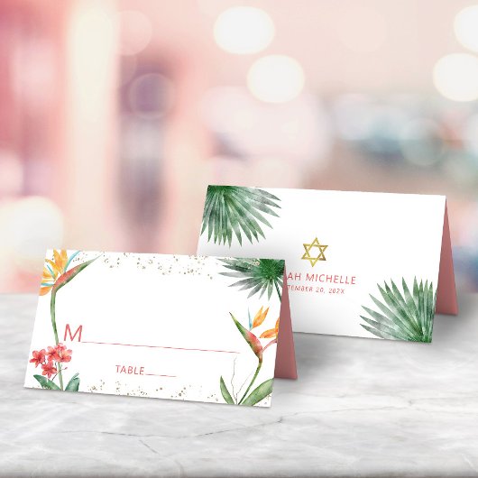 ピンク金ゴールドバルミツワー熱帯フローラ水彩 プレイスカード