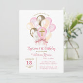 ピンク金ゴールドバルーンガールバプテスマ誕生日ボウタイ 招待状 (スタンド正面)