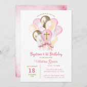 ピンク金ゴールドバルーンガールバプテスマ誕生日ボウタイ 招待状 (正面/裏面)
