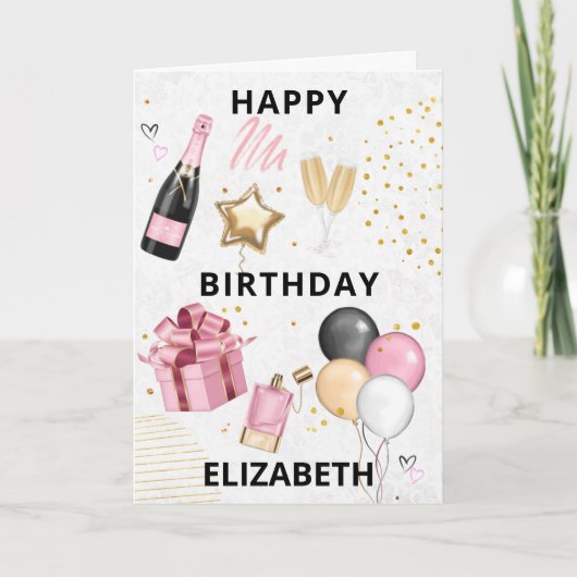 ピンク金ゴールドバルーンハッピーバースデーホリデーカード シーズンカード (正面)