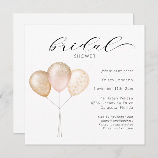 ピンク金ゴールドバルーン書道ブライダルシャワー 招待状 (正面/裏面)