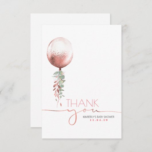 ピンク金ゴールドバルーン緑ベビーシャワーありがとう サンキューカード (正面/裏面)