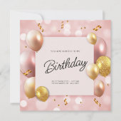 ピンク金ゴールドバルーン誕生日 招待状 (正面)