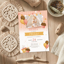 ピンク金ゴールドバルーン1stバースデーフォト招待状