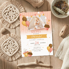 ピンク金ゴールドバルーン1stバースデーフォト招待状 招待状