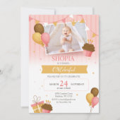 ピンク金ゴールドバルーン1stバースデーフォト招待状 招待状 (正面)