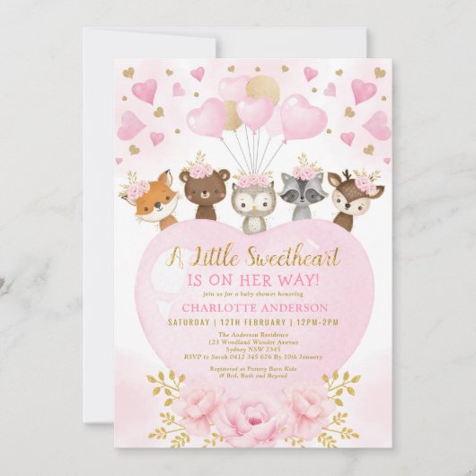 ピンク金ゴールドバレンタインスウィートアートベビーガールシャワー 招待状 (正面)
