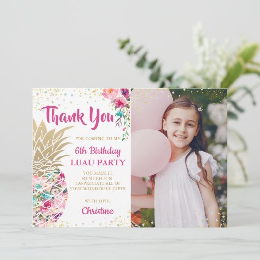 ピンク金ゴールドパイナップル誕生日写真ありがとう サンキューカード (スタンド正面)