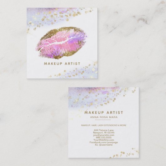 *~*ピンク金ゴールドパステルグリッターリップ美しいメイクアップ スクエア名刺 (正面/裏面)