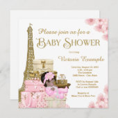 ピンク金ゴールドパリエスニックガールベビーシャワー 招待状 (正面/裏面)