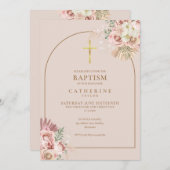 ピンク金ゴールドパンパスグラスガールバプテスバプテスマQRコード 招待状 (正面/裏面)