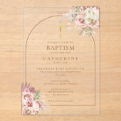 ピンク金ゴールドパンパスグラスガールバプテスマ《キリスト教》洗礼式や命名式 アクリル招待状 (正面)