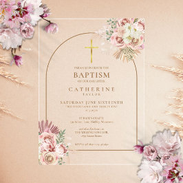ピンク金ゴールドパンパスグラスガールバプテスマ《キリスト教》洗礼式や命名式 アクリル招待状