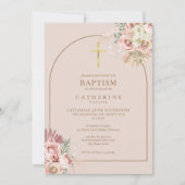 ピンク金ゴールドパンパスグラスガールバプテスマ《キリスト教》洗礼式や命名式 招待状 (正面)
