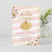 ピンク金ゴールドパンプキンファースト誕生日招待状 招待状 (スタンド正面)