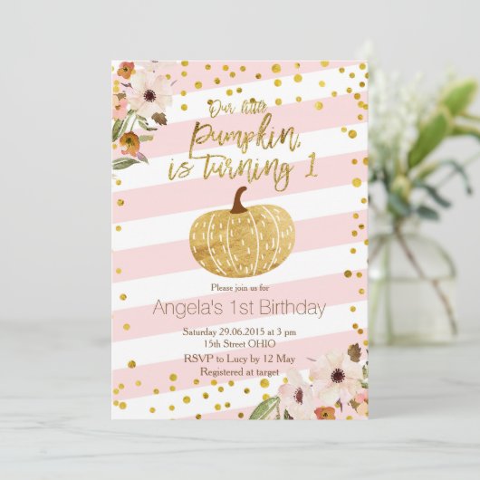 ピンク金ゴールドパンプキンファースト誕生日招待状 招待状 (スタンド正面)
