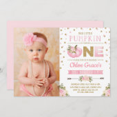 ピンク金ゴールドパンプキン第1バースデー招待状秋秋 招待状 (正面/裏面)