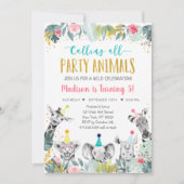 ピンク金ゴールドパーティーアニマルサファリ誕生日 招待状 (正面)